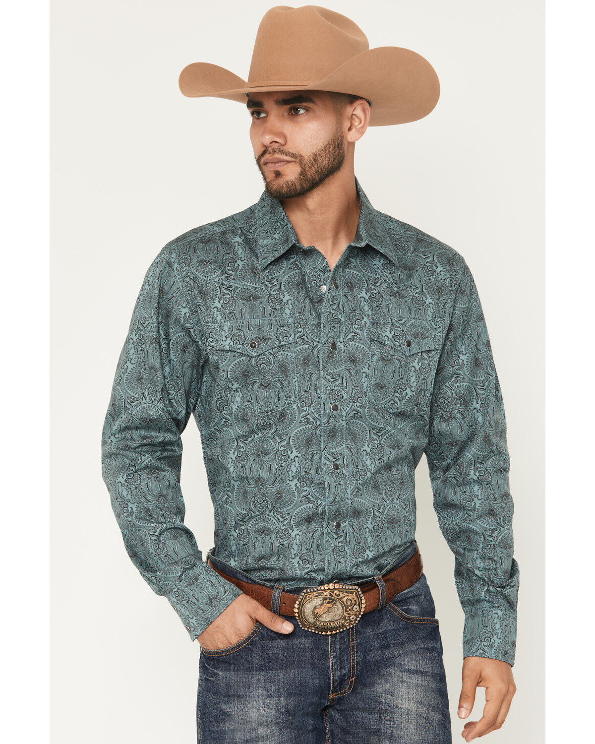 Image #1 - Wrangler Retro Men's Paisley Print Long Sleeve Snap Western Shirt, Teal, hi-res