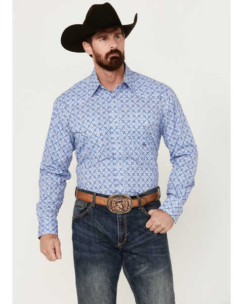 Roper Men's Amarillo Medallion Print Long Sleeve Snap Western Shirt - Tall , Blue, hi-res