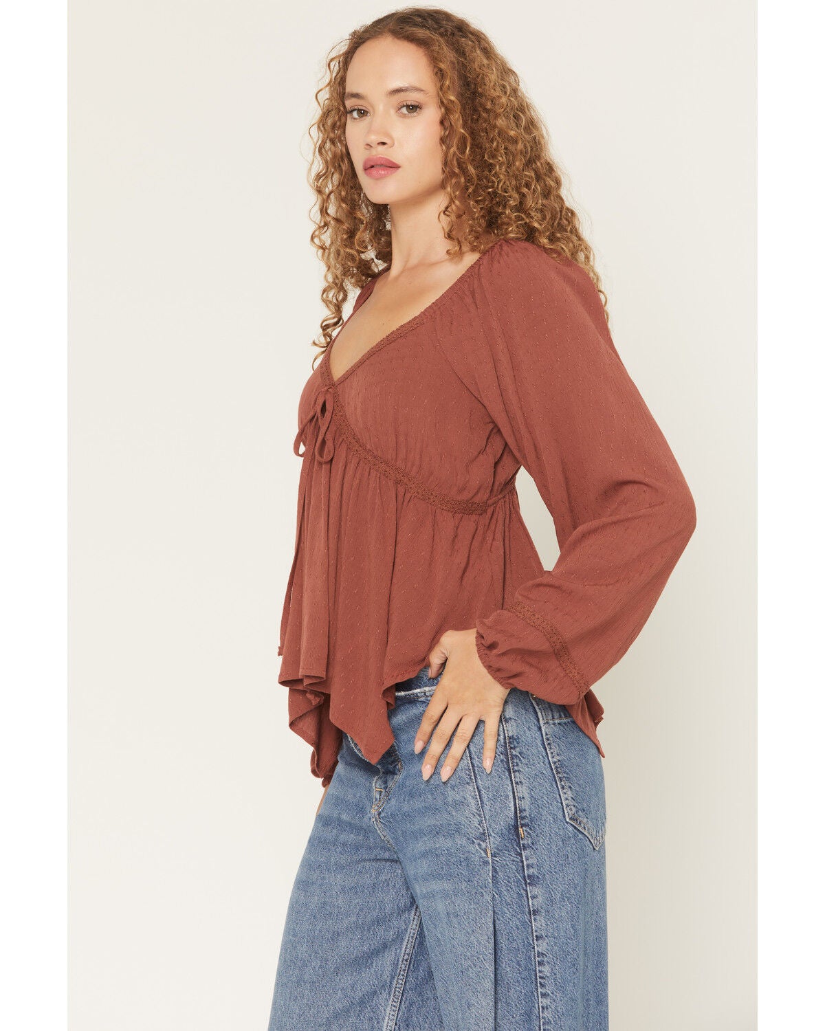 Image #2 - Wild Moss Women's Solid Long Sleeve Hanky Hem Top, Rust Copper, hi-res