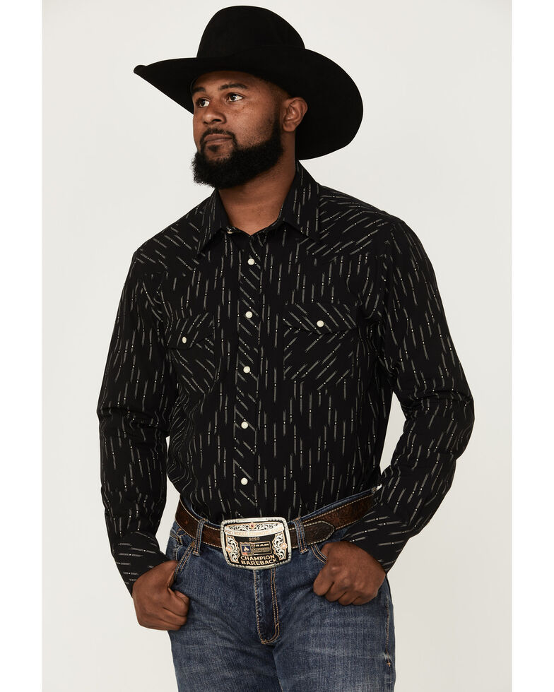 Rock & Roll Denim Men's Vintage Diamond Geo Print Long Sleeve Snap Western Shirt , Black, hi-res