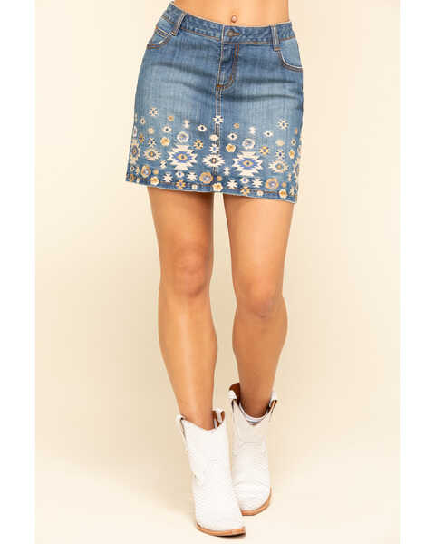 Image #1 - Stetson Women's Denim Southwestern Embroidered Mini Skirt , Blue, hi-res