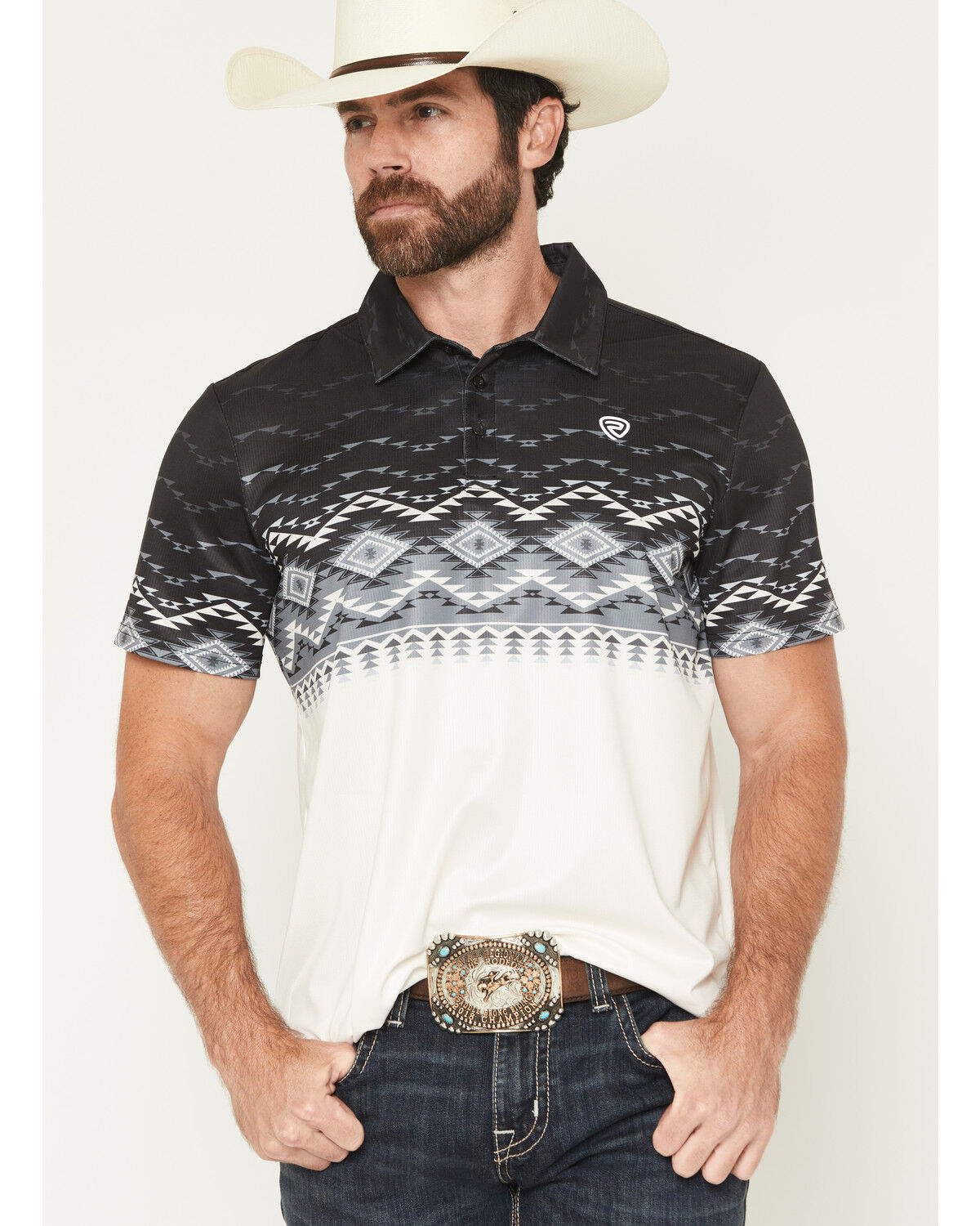 Image #1 - Rock & Roll Denim Men's Southwestern Border Print Button-Down Stretch Polo, Black, hi-res