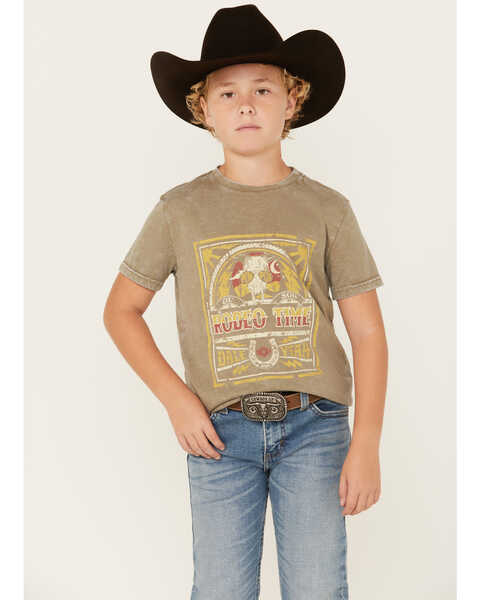 Image #1 - Rock & Roll Denim Boys' Rodeo Time Dale Brisby Short Sleeve Graphic T-Shirt, Olive, hi-res