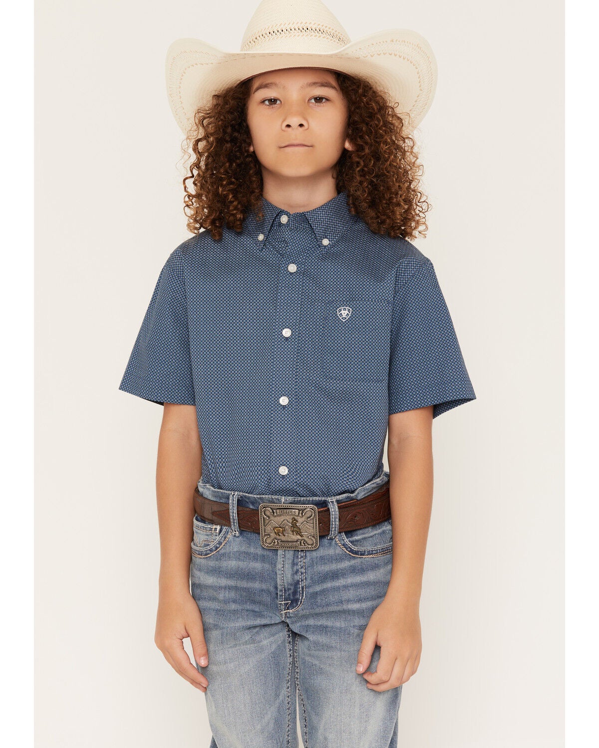 Image #1 - Ariat Boys' Geo Print Short Sleeve Button-Down Western Shirt, Blue, hi-res