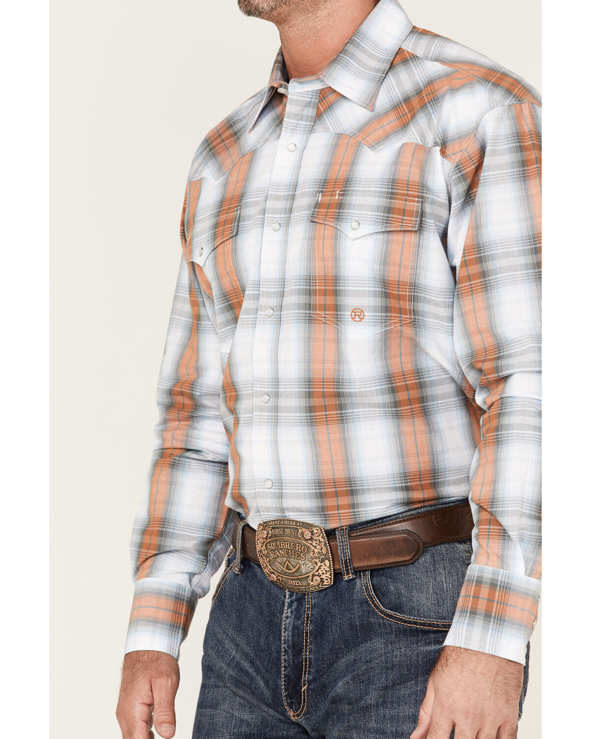 Image #3 - Roper Men's Setting Sun Large Ombre Plaid Long Sleeve Pearl Snap Western Shirt, Grey, hi-res