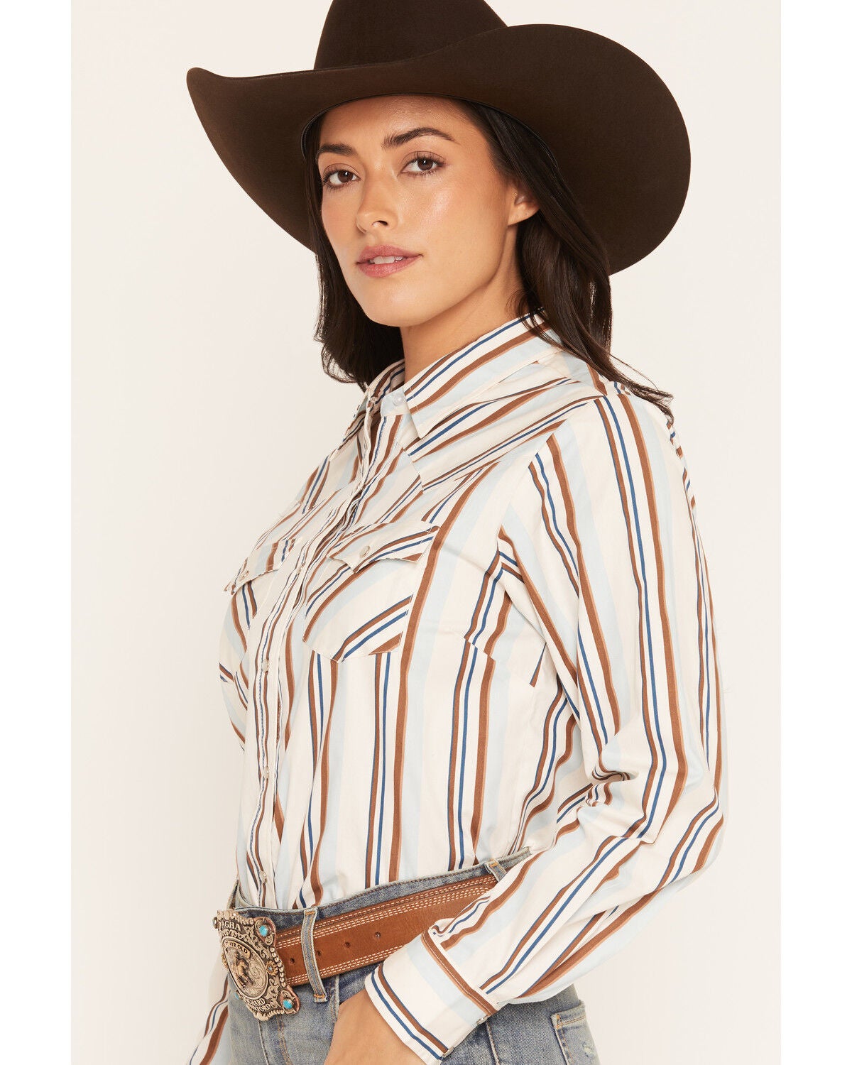 Image #2 - Ely Walker Women's Boot Barn Exclusive Striped Long Sleeve Pearl Snap Western Shirt, Ivory, hi-res