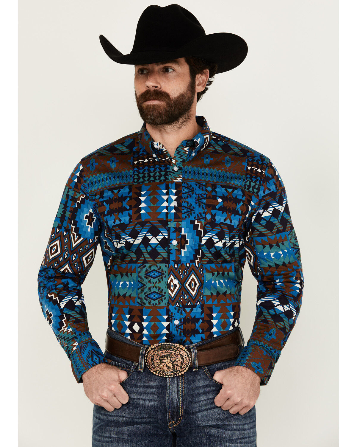 Image #1 - RANK 45® Men's Zavallo Southwestern Patchwork Long Sleeve Button-Down Stretch Western Shirt, Teal, hi-res