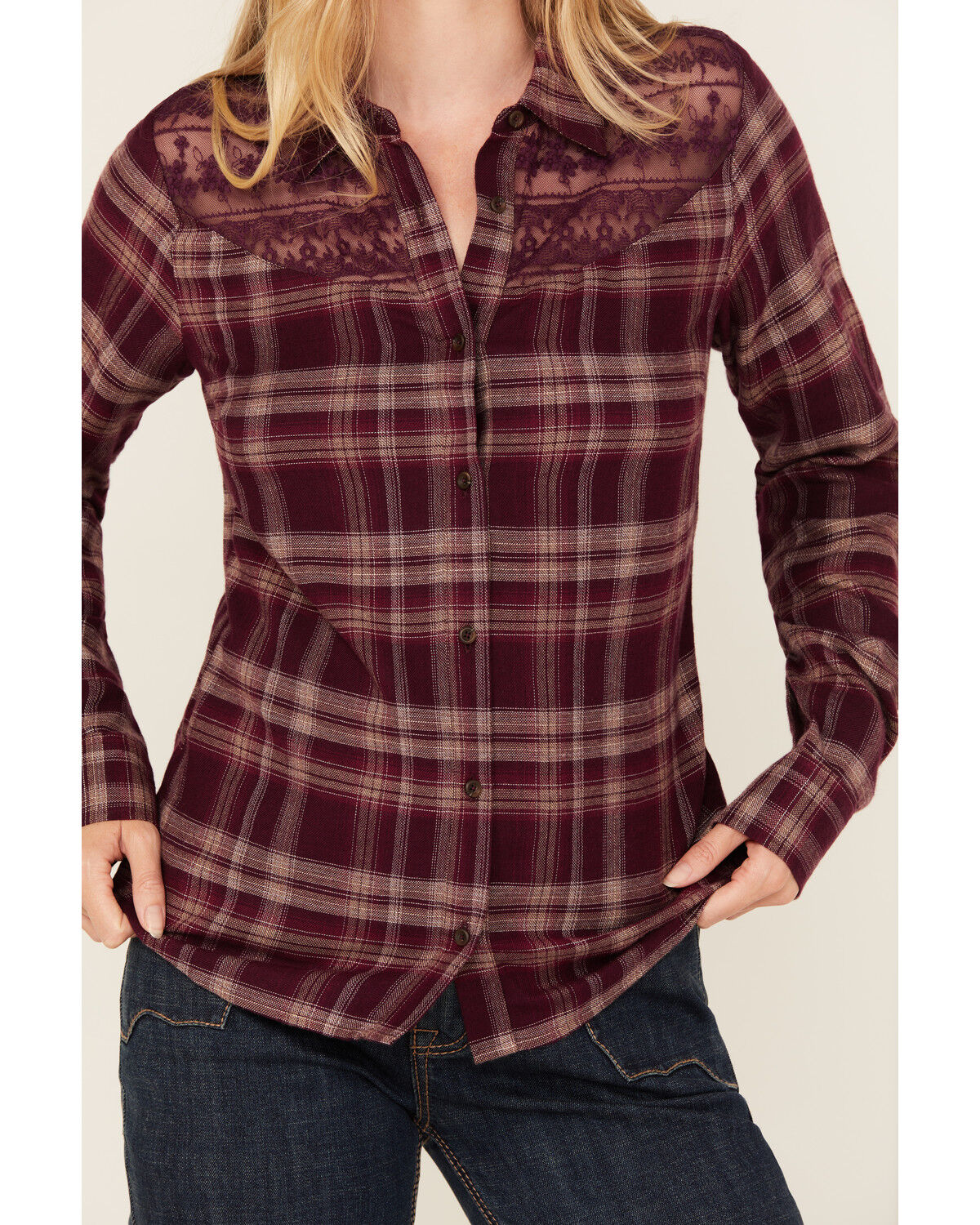 Image #3 - Shyanne Women's Lace Yoke Plaid Print Long Sleeve Button-Down Western Shirt, Fuchsia, hi-res