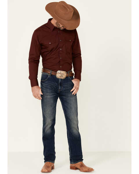 Image #2 - Gibson Men's Basic Solid Long Sleeve Pearl Snap Western Shirt - Big , Burgundy, hi-res