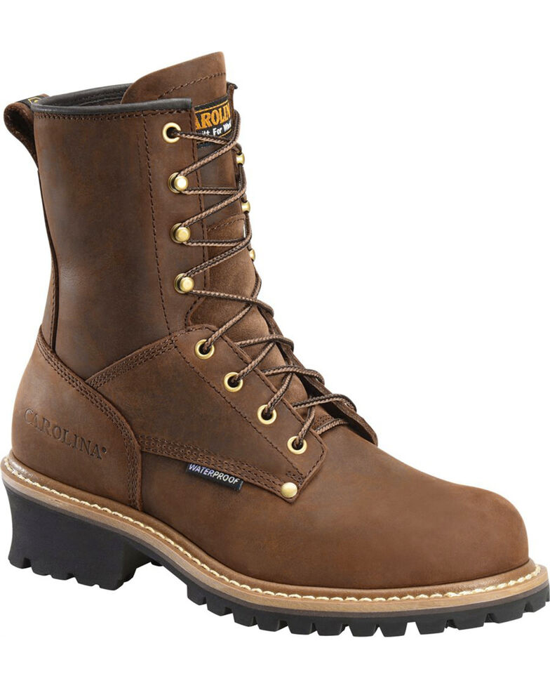 Carolina Men's Brown 8" Waterproof Logger Boots - Round Toe, Brown, hi-res