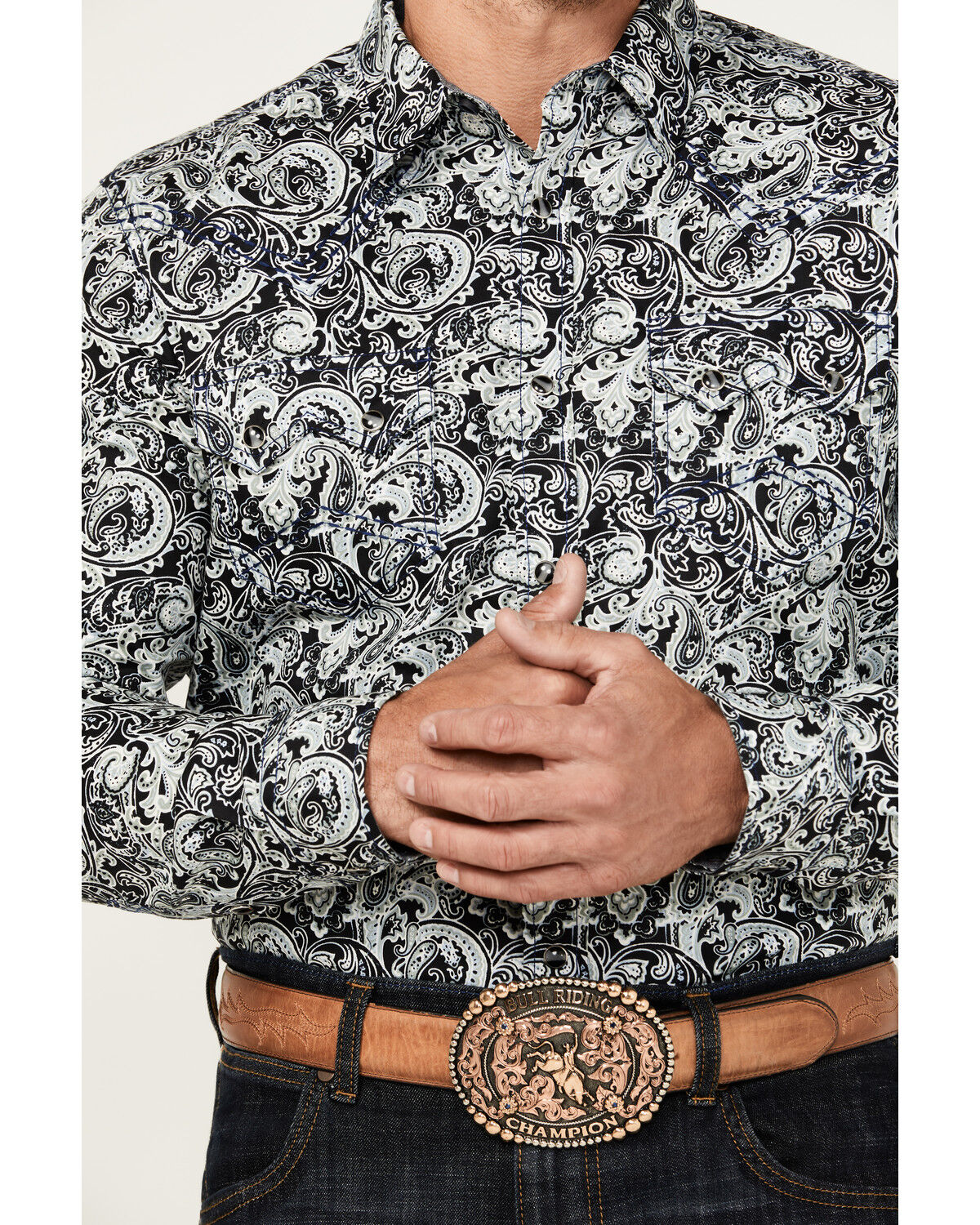 Image #3 - Cody James Men's Showdown Paisley Print Long Sleeve Snap Western Shirt - Tall, Navy, hi-res