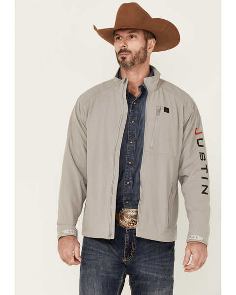 Image #1 - Justin Men's Solid Stillwater Logo Sleeve Zip-Front Fleece Jacket , Charcoal, hi-res