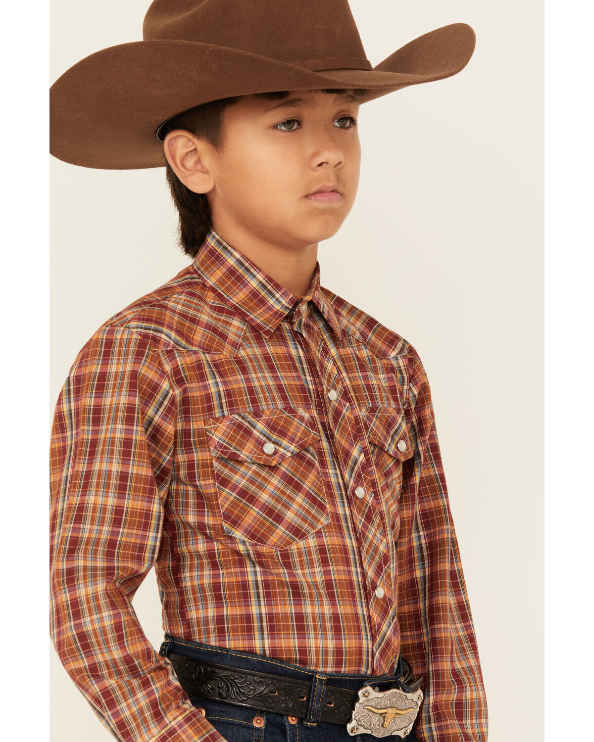 Image #2 - Roper Boys' Plaid Print Long Sleeve Snap Western Shirt, Red, hi-res