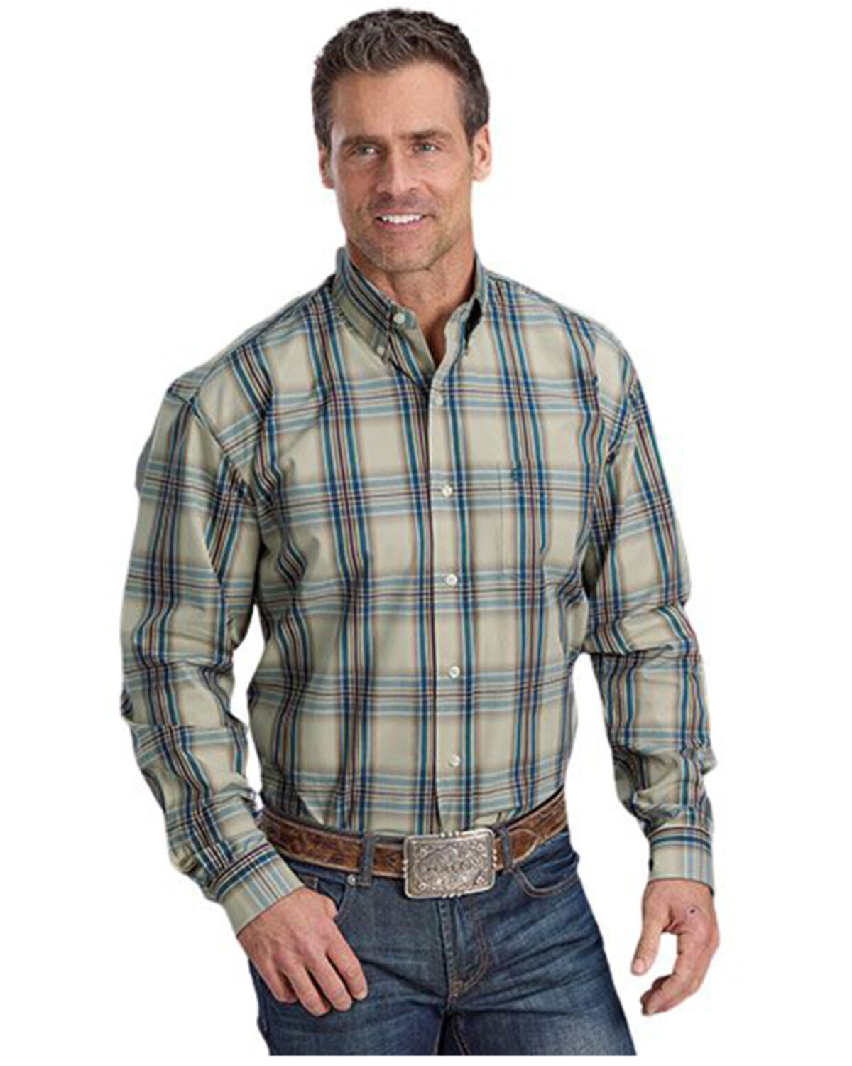 Image #1 - Stetson Men's Plaid Print Long Sleeve Button-Down Western Shirt, Blue, hi-res