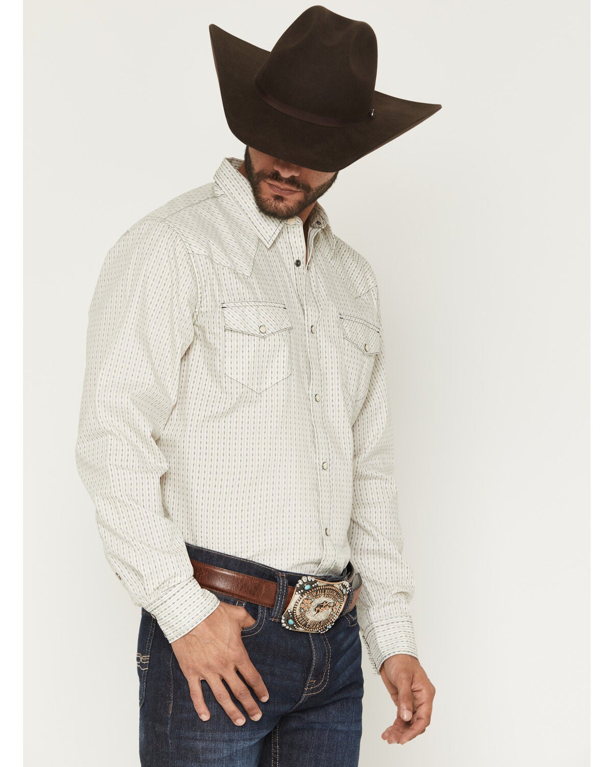 Image #2 - Gibson Trading Co Men's Tulsa Striped Long Sleeve Snap Western Shirt - Big, Ivory, hi-res