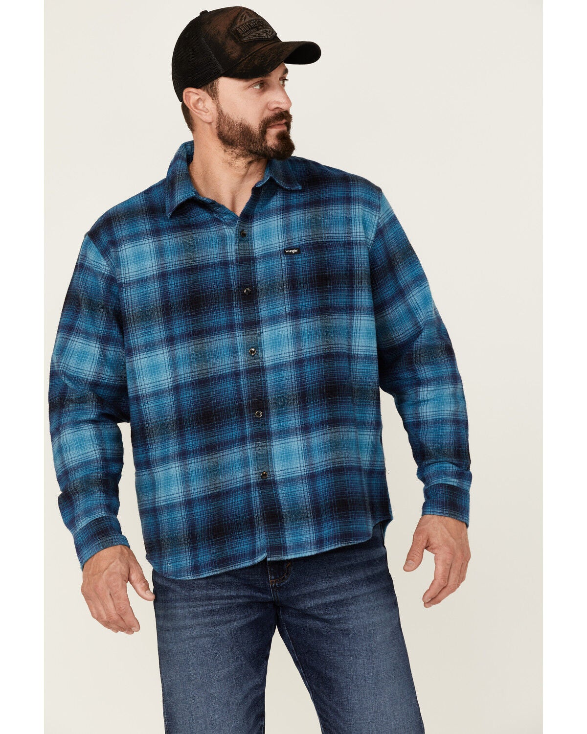 Wrangler X Fender Men's Plaid Tour Back Patch Button-Down Shirt Flannel Jacket, Navy, hi-res