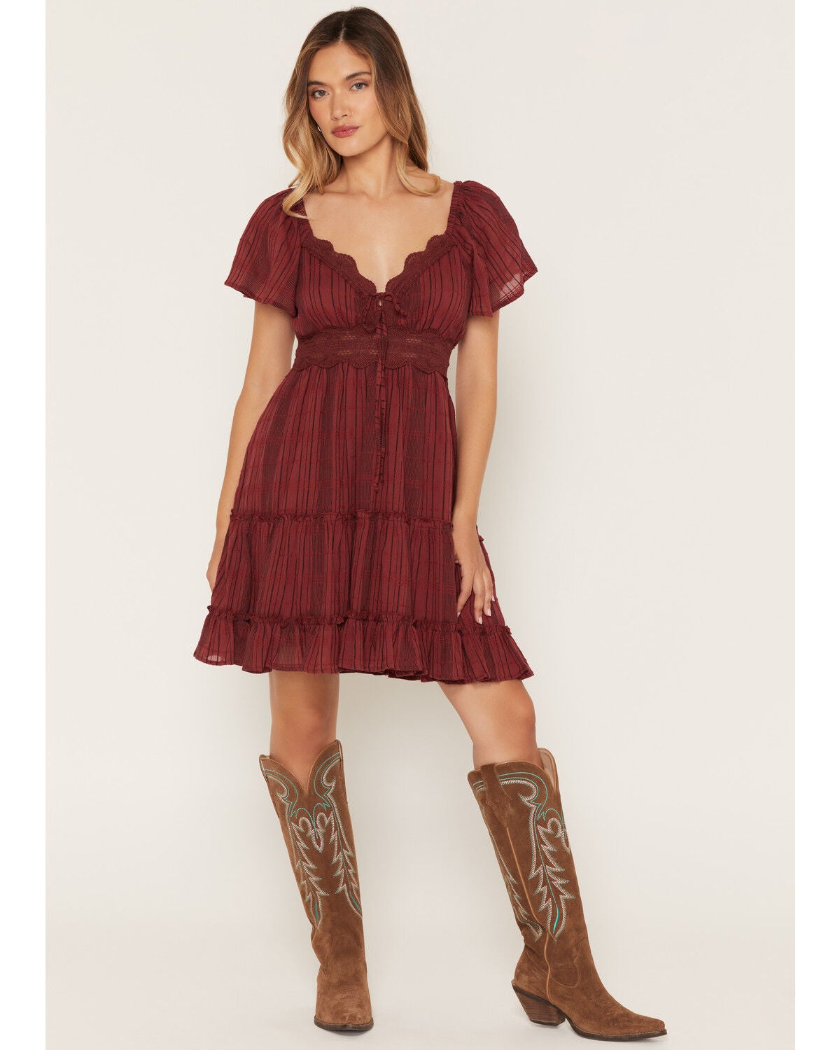 Wild Moss Women's Short Sleeve Lace Trim Tiered Mini Dress, Rose, hi-res