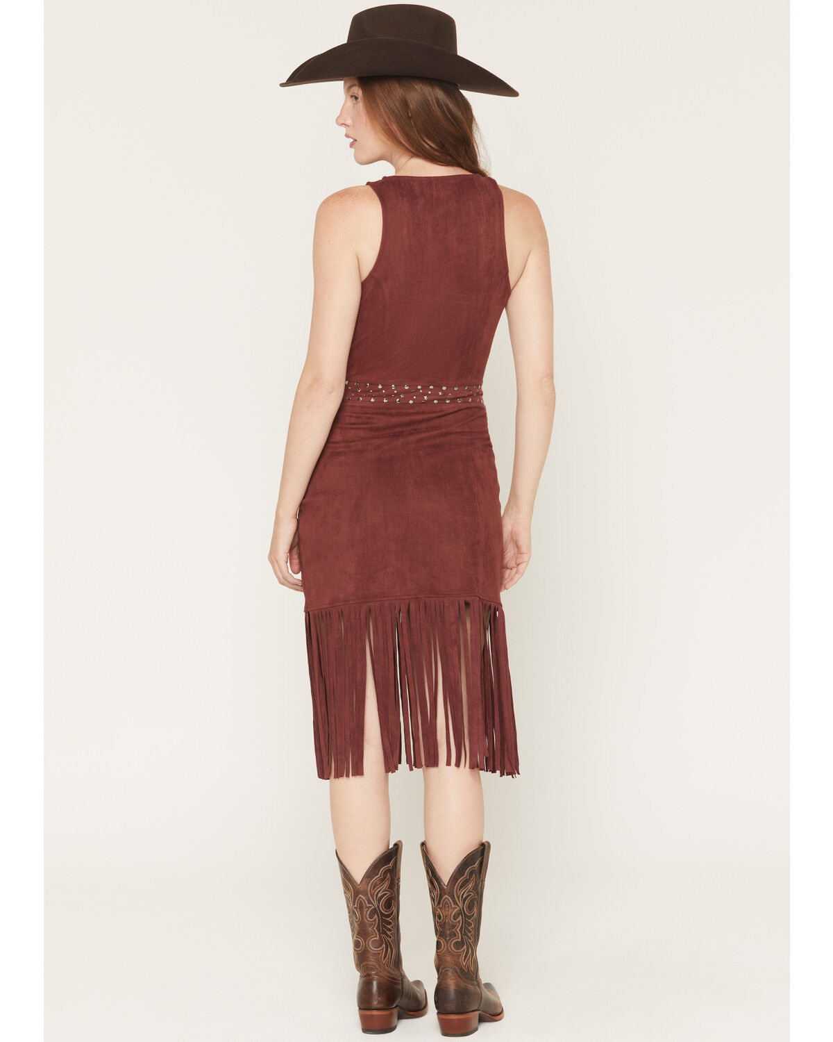 Image #4 - Rock & Roll Denim Women's Faux Suede Fringe Belted Sleeveless Midi Dress, Wine, hi-res