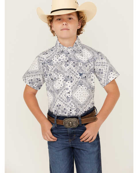Cowboy Hardware Boys' Bandana Print Short Sleeve Snap Western Shirt , Navy, hi-res