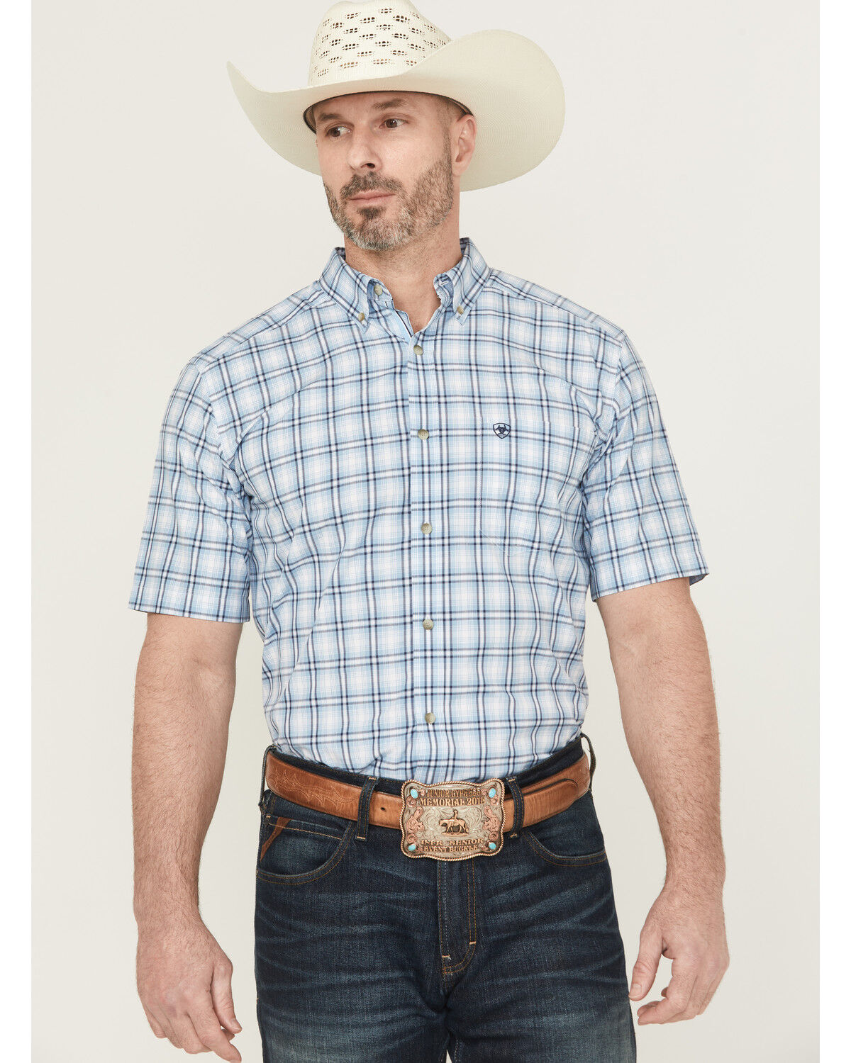 Image #1 - Ariat Men's Cal Pro Series Plaid Print Short Sleeve Button-Down Stretch Western Shirt - Tall, Light Blue, hi-res