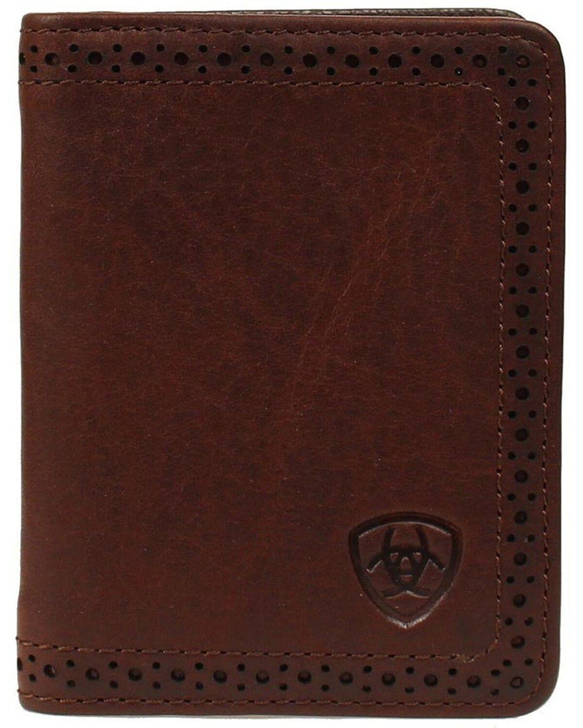 Ariat Men's Perforated Edge Embossed Logo Bi-fold Wallet, Copper, hi-res