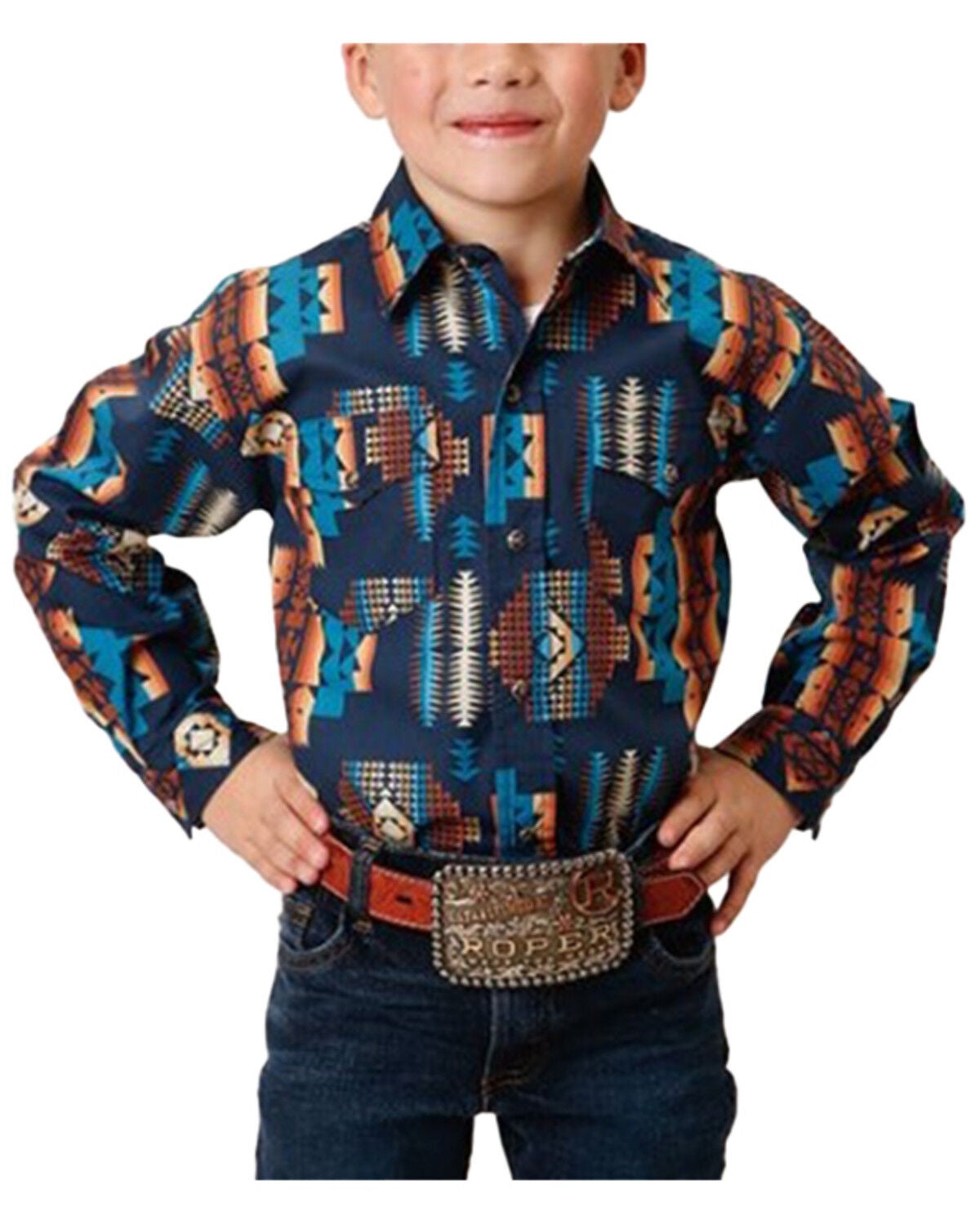 Image #1 - Roper Boys' Vintage Style Vertical Southwestern Print Long Sleeve Snap Western Shirt, Blue, hi-res