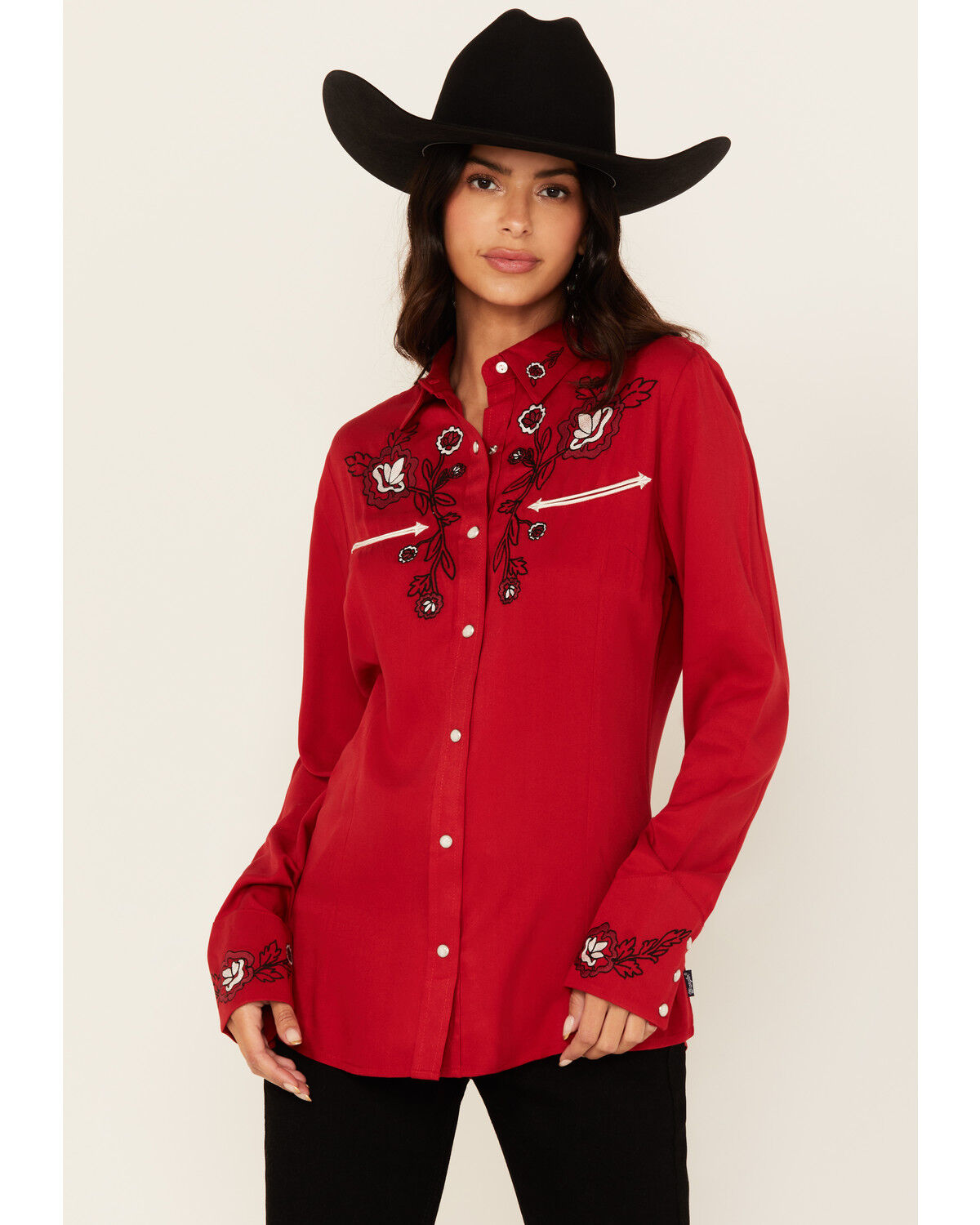 Image #1 - Wrangler Women's Floral Embroidered Long Sleeve Snap Western Shirt, Red, hi-res