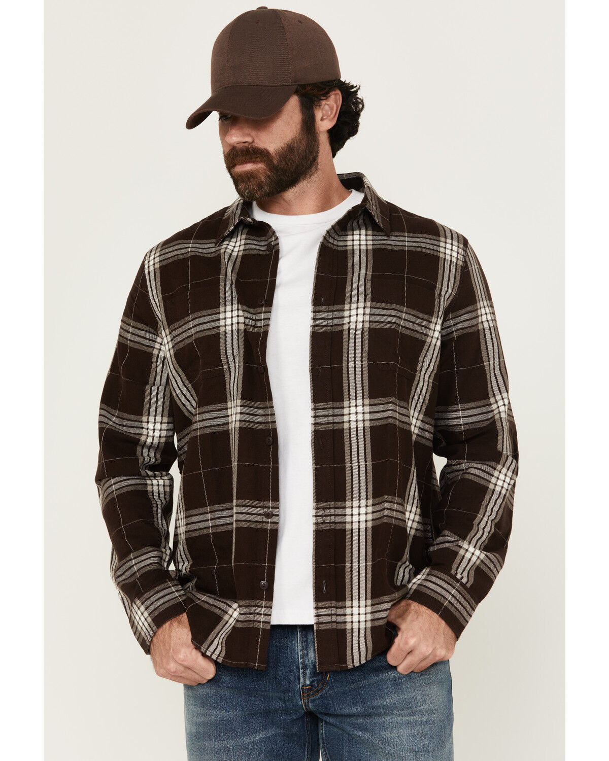 Image #1 - Brothers and Sons Men's Hatch Plaid Print Long Sleeve Button-Down Stretch Western Shirt, Brown, hi-res