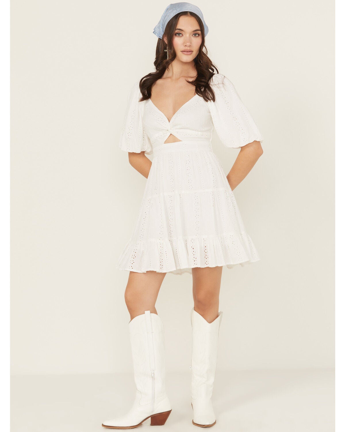 Angie Women's Eyelet Short Puff Sleeve Mini Dress, White, hi-res