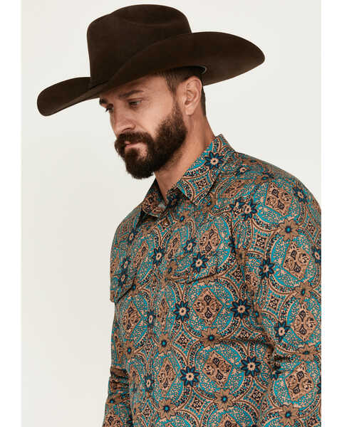 Image #2 - Gibson Trading Co Men's Vagabond Medallion Print Long Sleeve Snap Western Shirt, Teal, hi-res