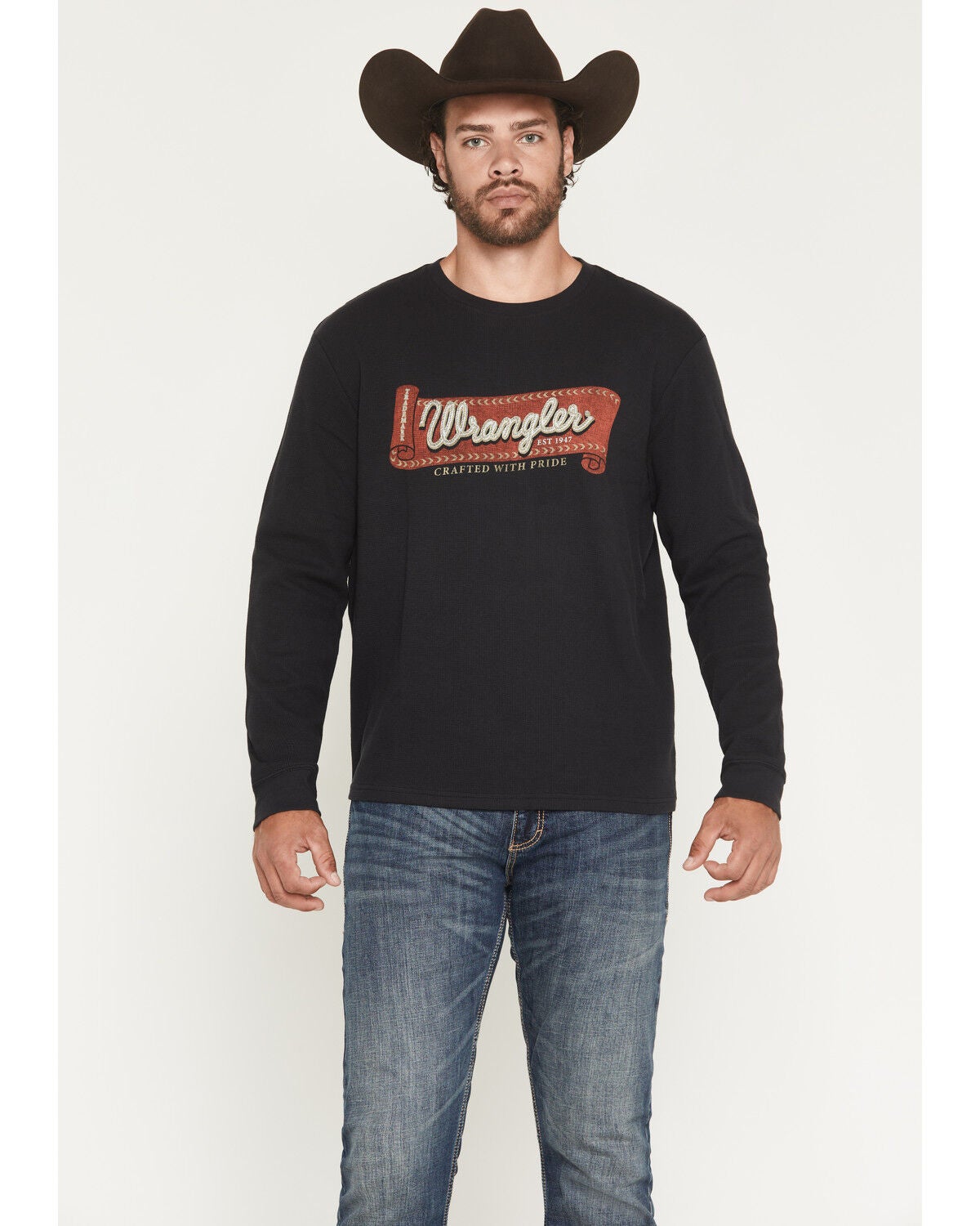 Wrangler Men's Rope Logo Waffle Knit Long Sleeve Shirt, Black, hi-res