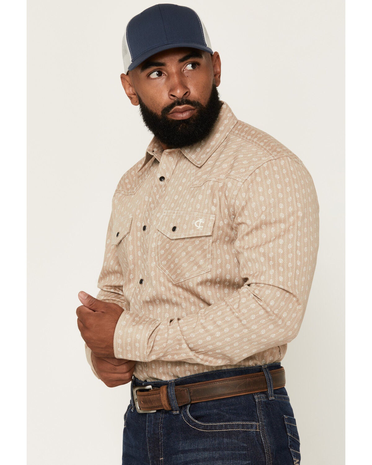 Image #2 - Cody James Men's FR Paisley Striped Print Long Sleeve Snap Stretch Work Shirt, Tan, hi-res