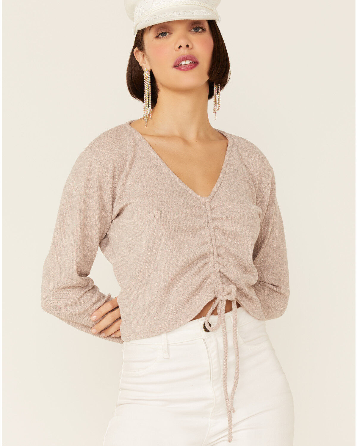 Image #1 - Wild Moss Women's Ribbed Lurex Cinch Front Knit Top, Ivory, hi-res