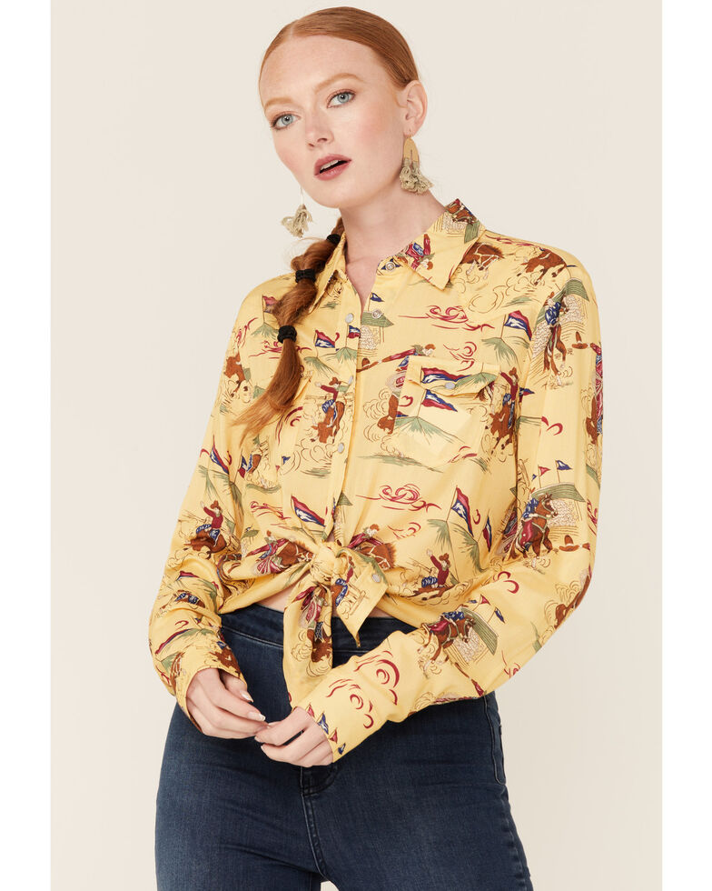 Roper Women's Retro Rodeo Print Yellow Western Snap Shirt, Yellow, hi-res