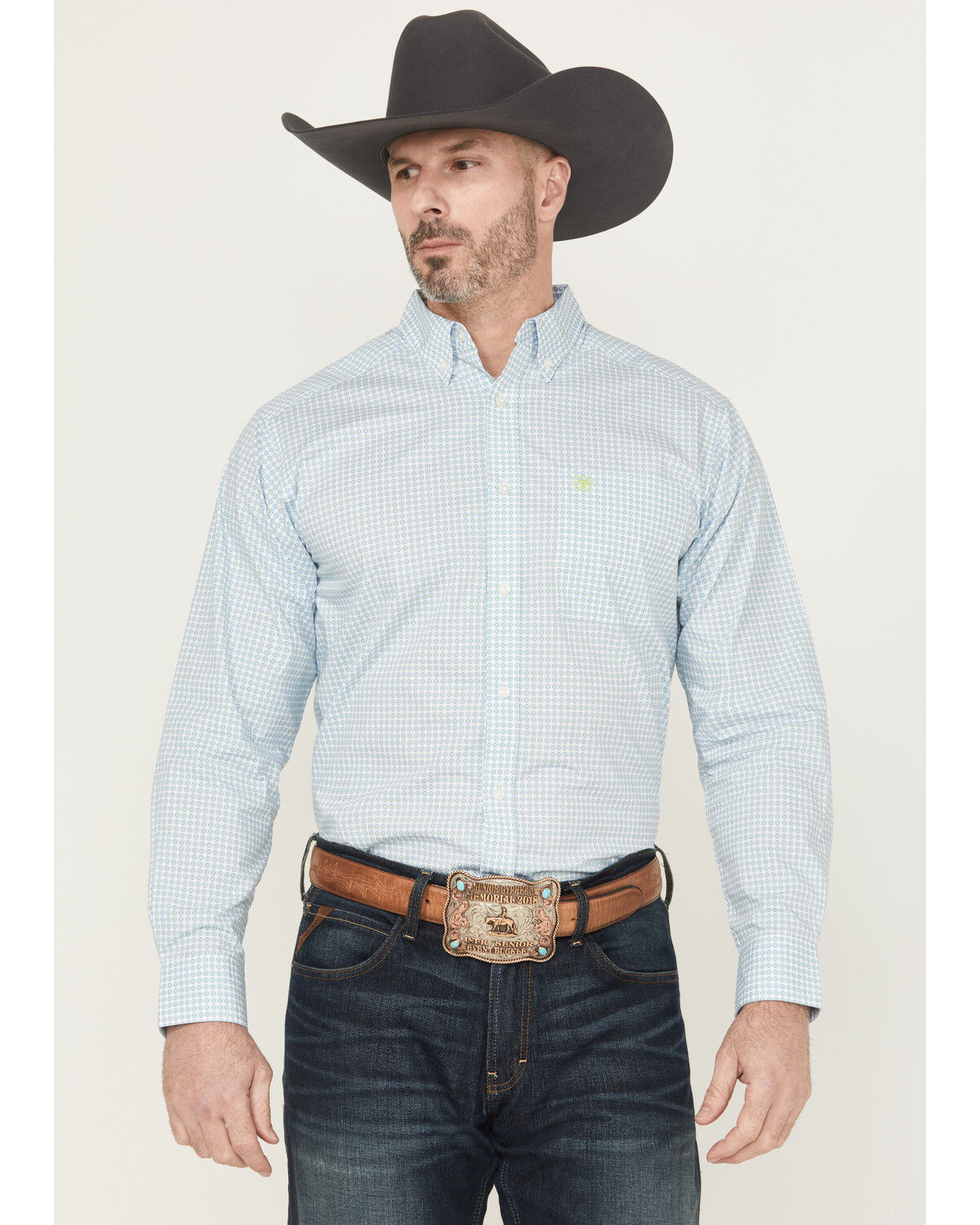 Image #1 - Ariat Men's Cillian Geo Print Long Sleeve Button-Down Western Shirt, Light Blue, hi-res