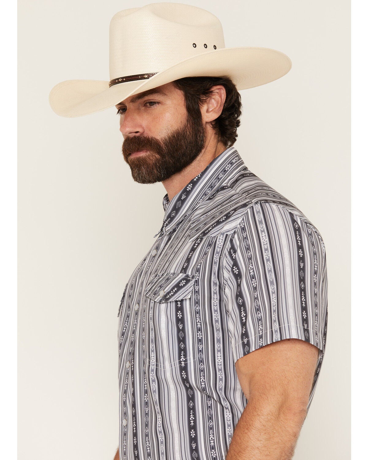 Image #2 - Panhandle Slim Men's Southwestern Striped Short Sleeve Pearl Snap Performance Western Shirt, Black, hi-res