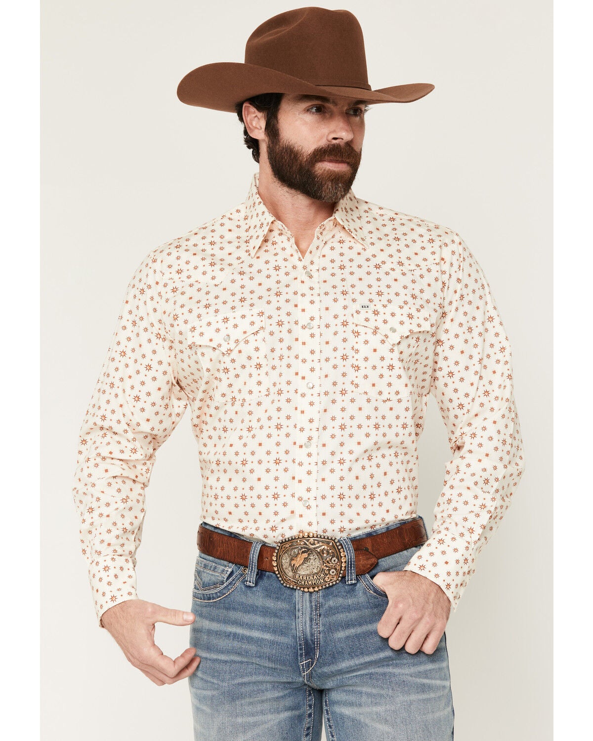 Ely Walker Men's Star Print Long Sleeve Snap Western Shirt, Cream, hi-res