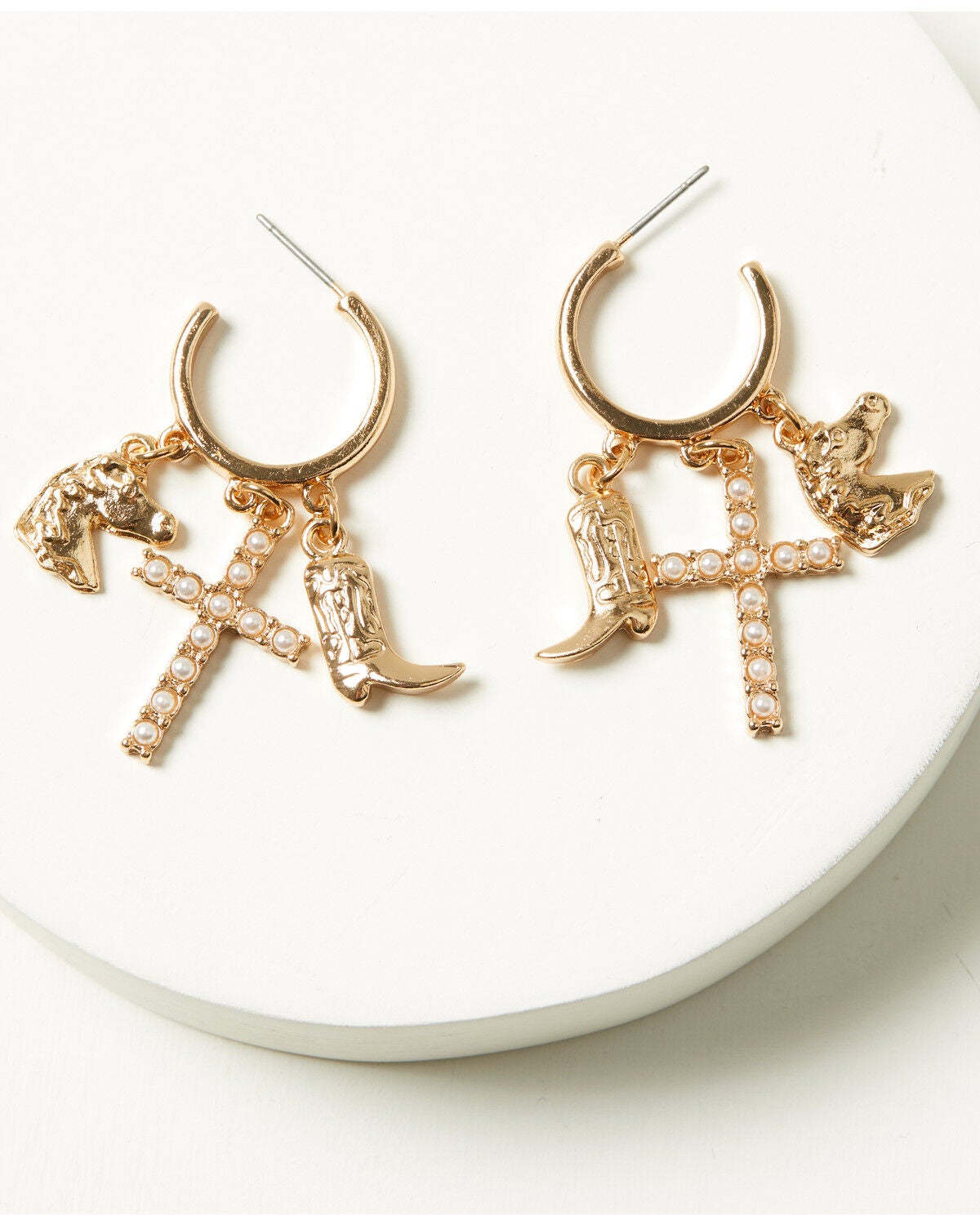 Shyanne Women's Pearl Cross Boot Charm Hoop Earrings, Gold, hi-res