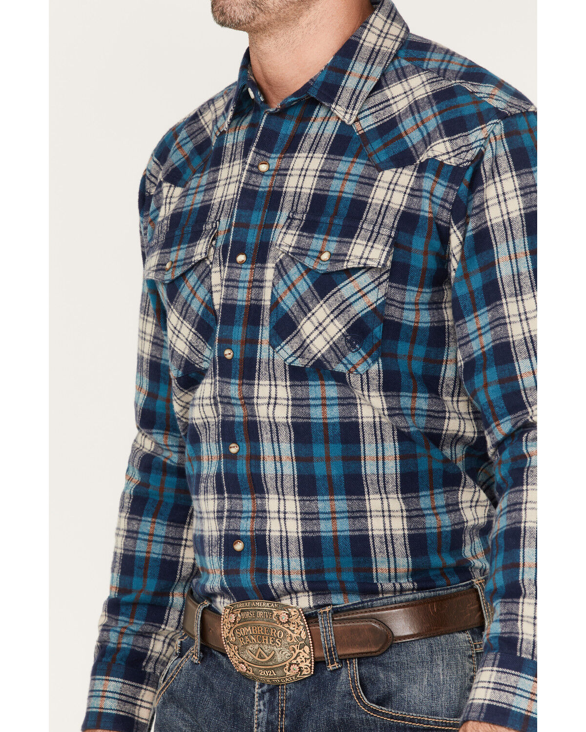 Image #3 - Ariat Men's Huntleigh Retro Plaid Print Long Sleeve Snap Western Flannel Shirt, Blue, hi-res