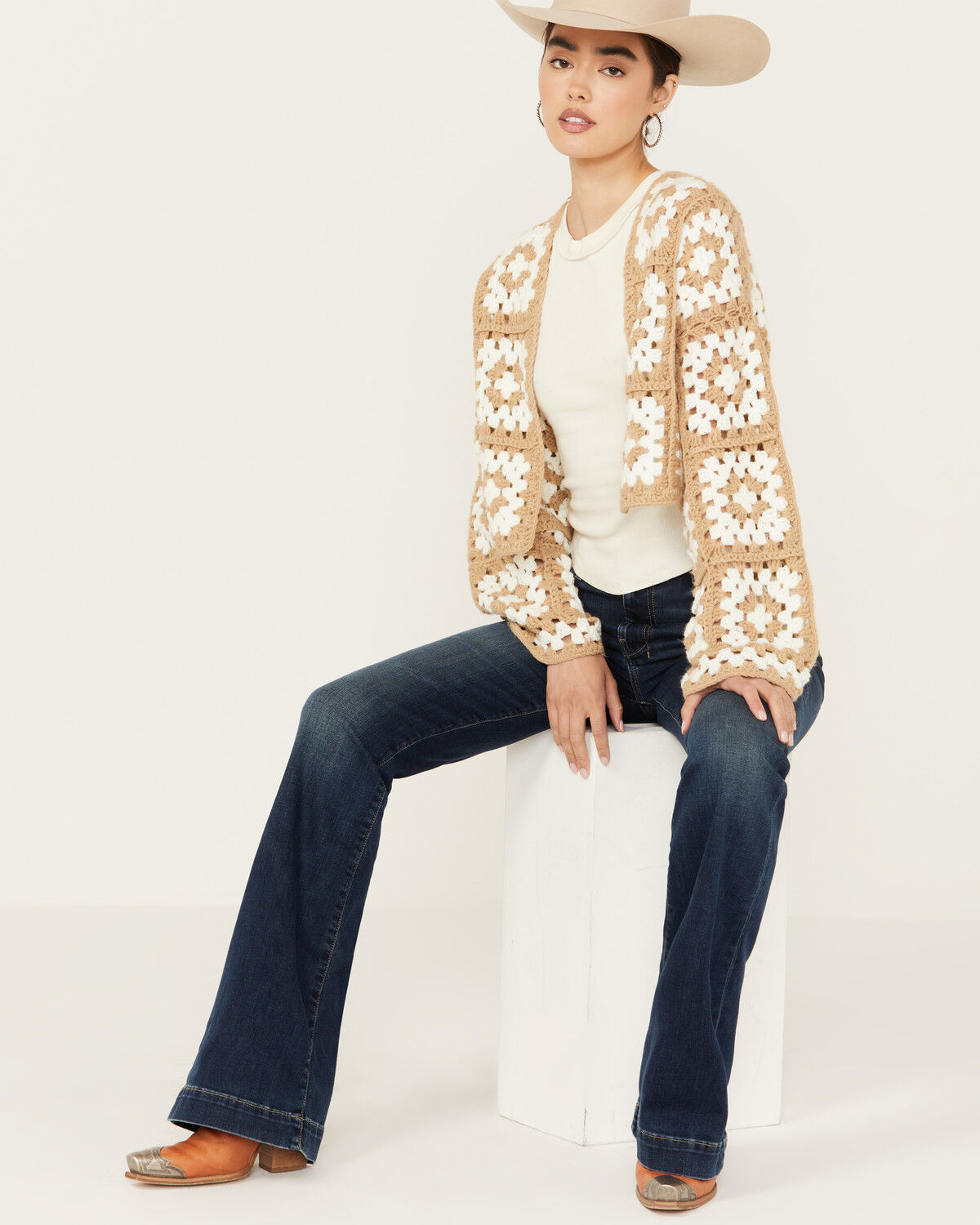 Image #1 - Revel Women's Crochet Cropped Cardigan, Beige, hi-res
