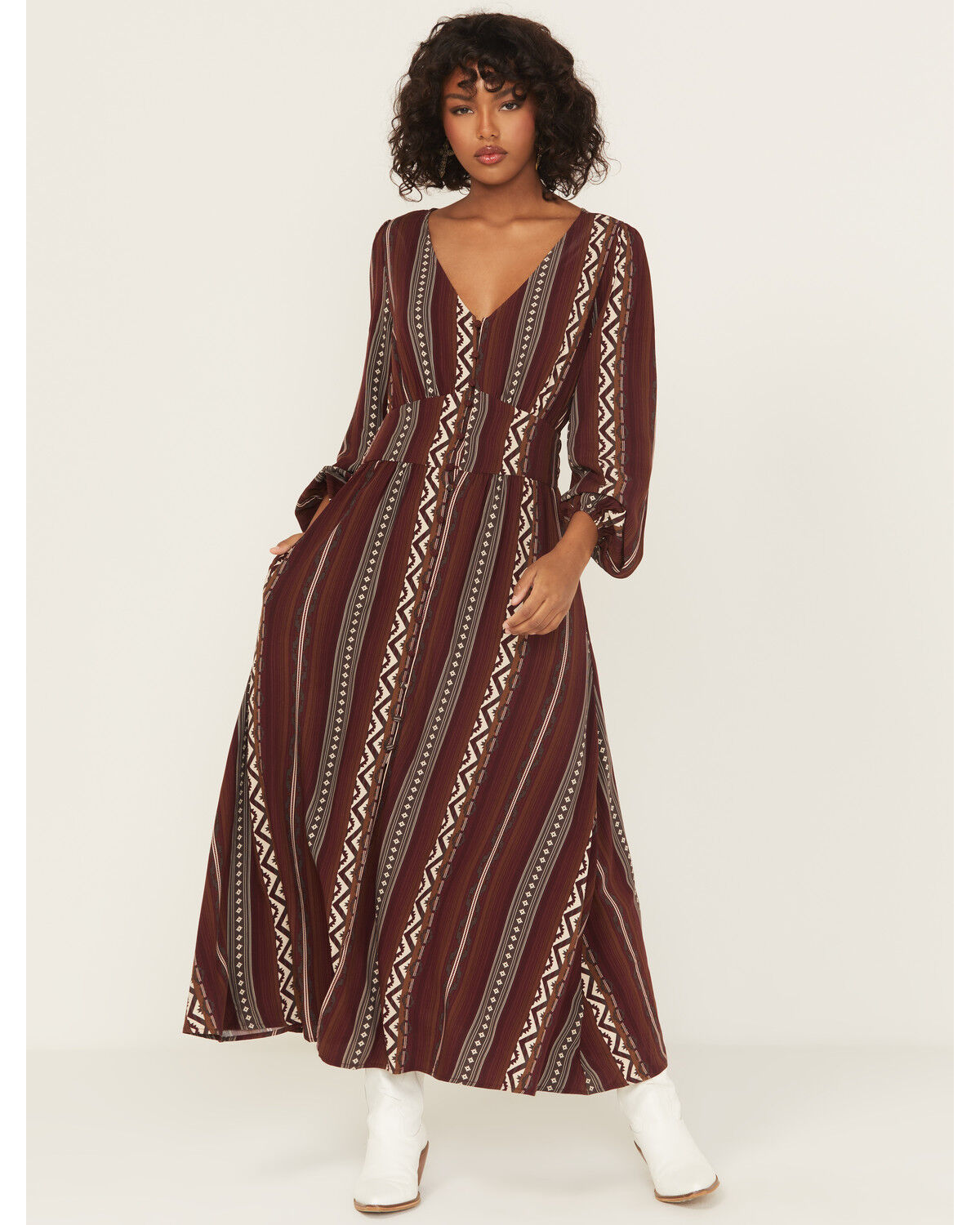 Image #1 - Wrangler Retro Women's Southwestern Striped Print Long Sleeve Button-Down Maxi Dress, Burgundy, hi-res