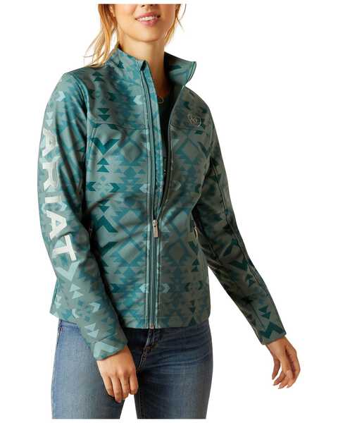 Image #1 - Ariat Women's New Team Southwestern Print Softshell Jacket  - Plus , Green, hi-res