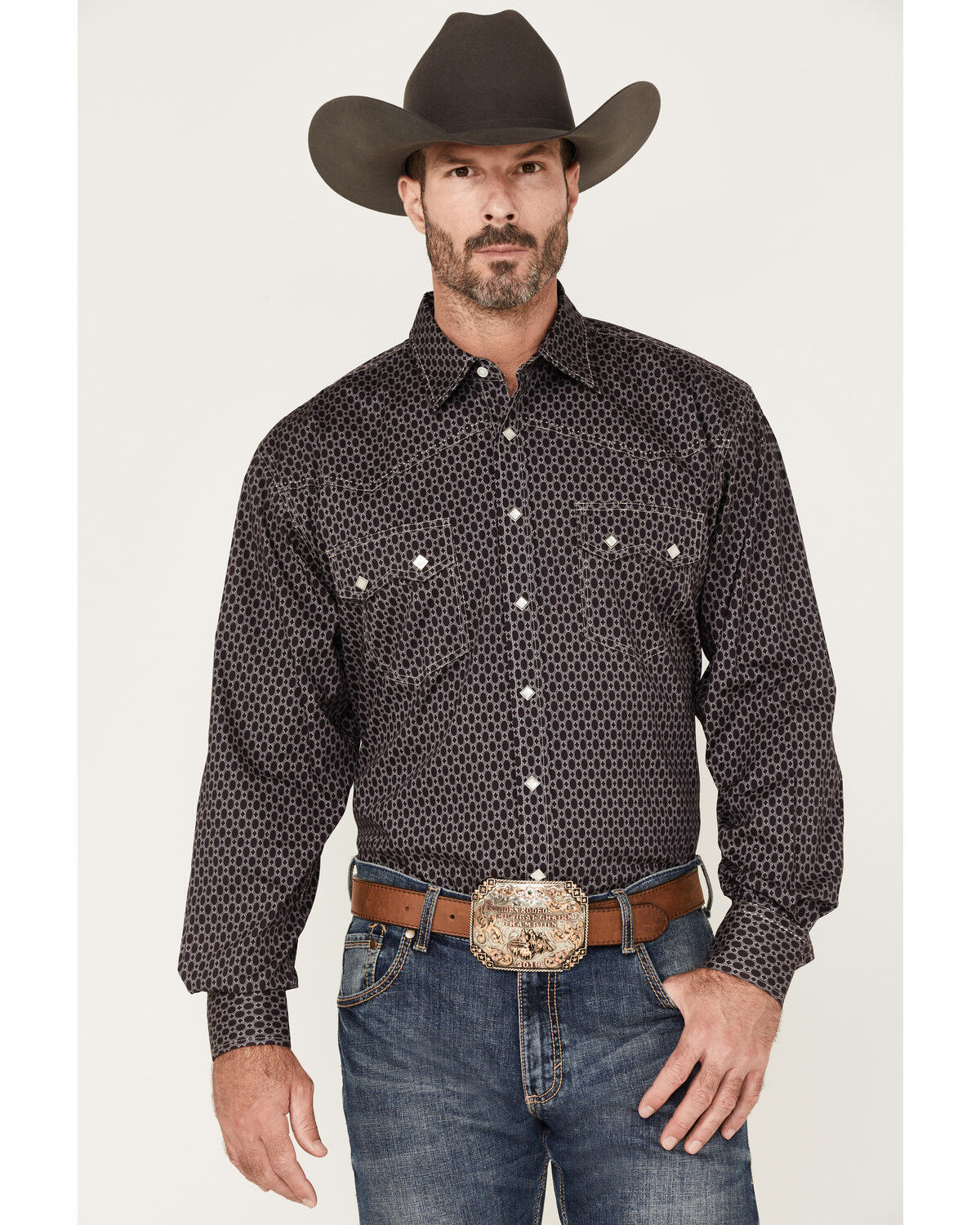 Image #1 - Resistol Men's Axcel Geo Print Long Sleeve Snap Western Shirt, Navy, hi-res