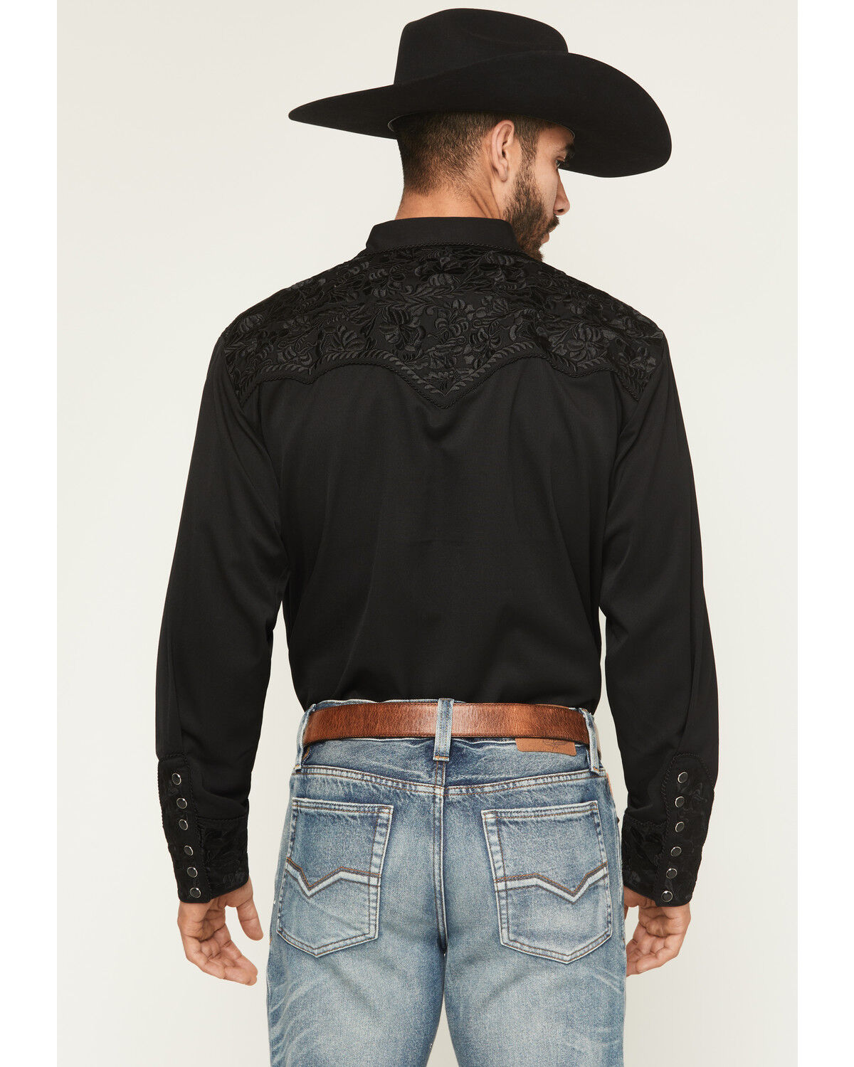 Image #4 - Scully Men's Floral Embroidered Retro Long Sleeve Snap Western Shirt, Jet Black, hi-res