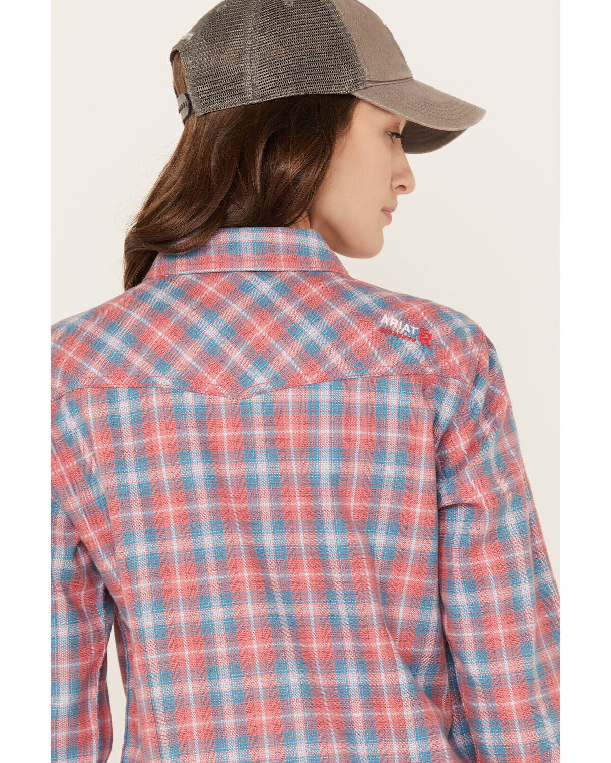Image #4 - Ariat Women's FR Plaid Print Long Sleeve Button-Down Work Shirt, Coral, hi-res