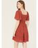 Image #4 - Wild Moss Women's Crochet Inset Twist Front Short Sleeve Mini Dress, Rust Copper, hi-res