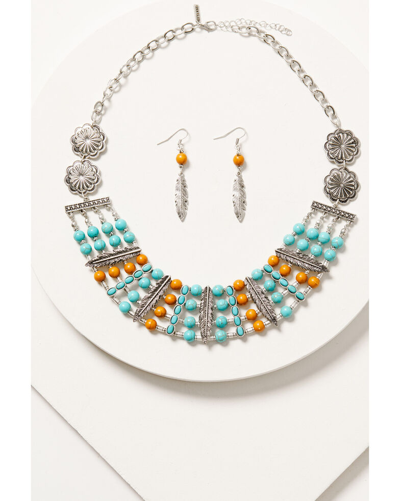 Shyanne Women's Multi-strand Silver Leaf & Concho Beaded Jewelry Set, Silver, hi-res