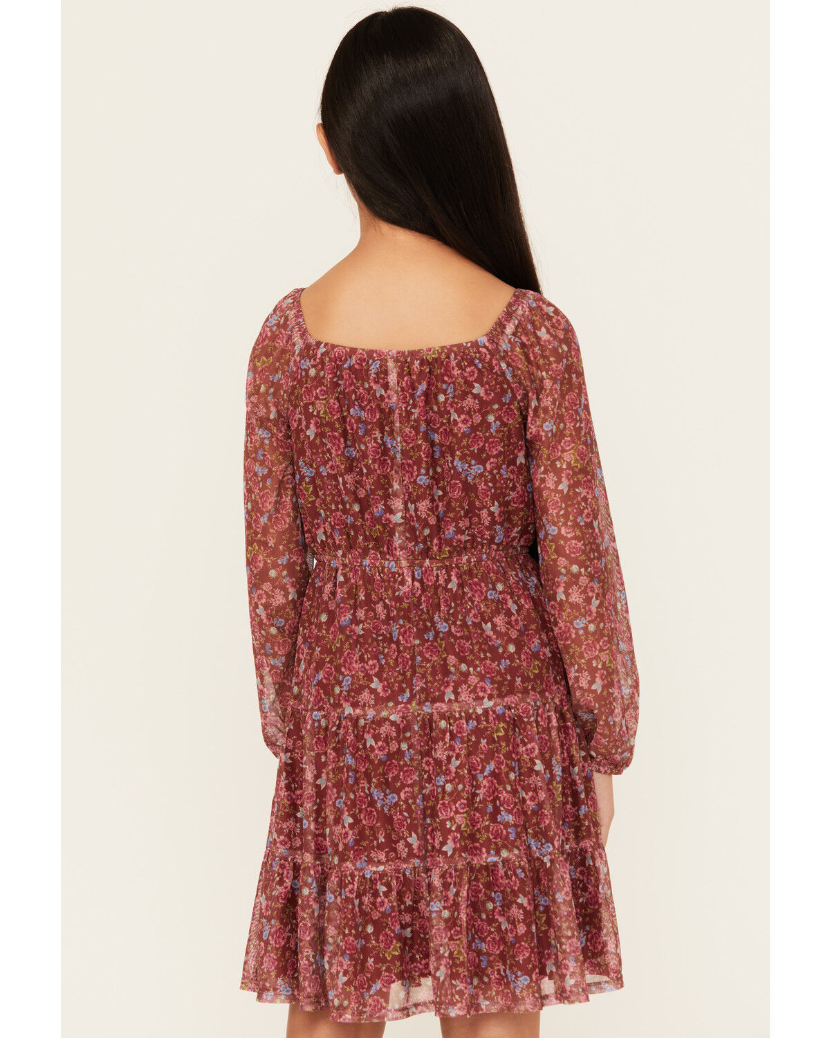 Image #4 - Shyanne Girls' Floral Print Mesh Long Sleeve Mini Dress, Brown, hi-res