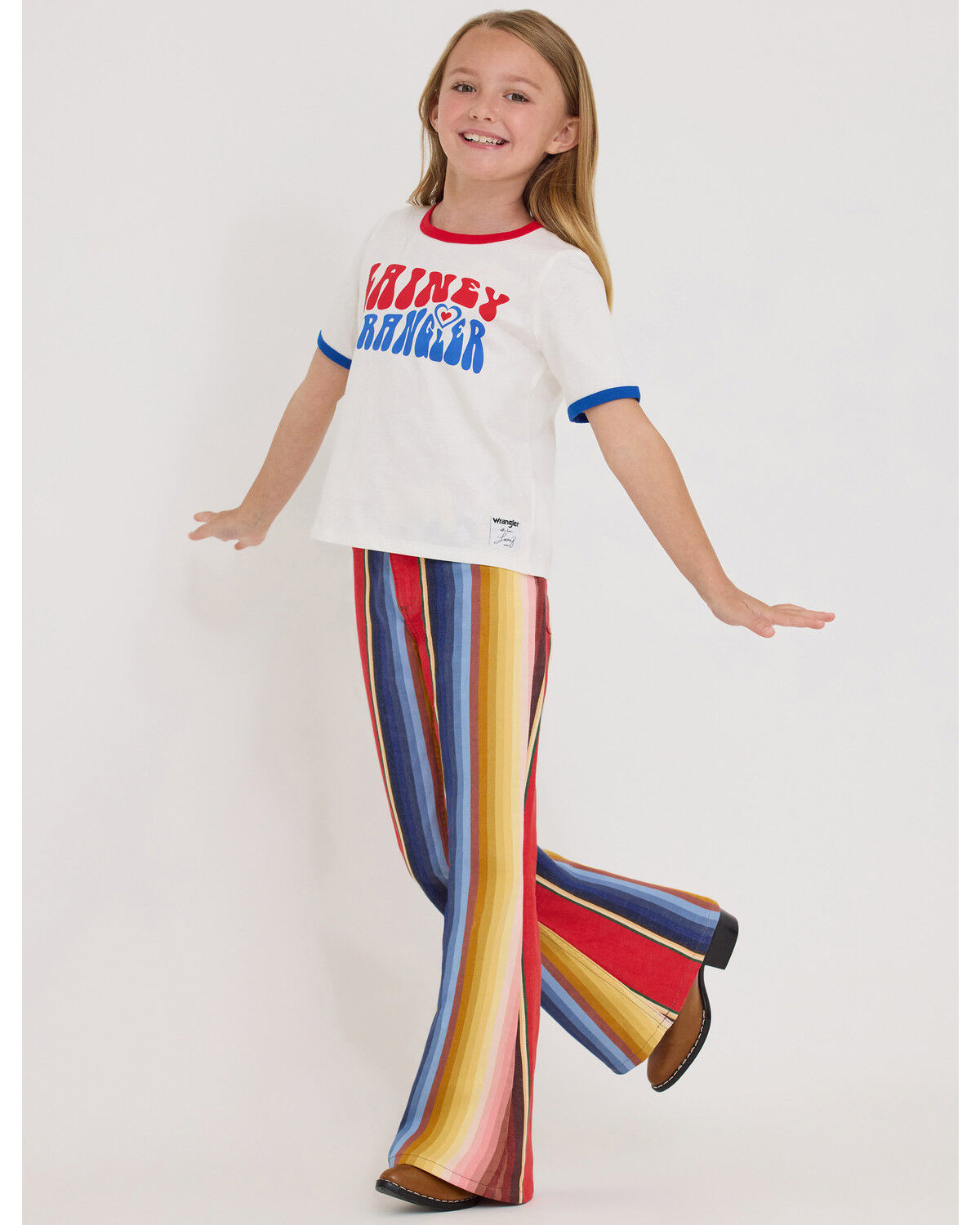 Image #4 - Wrangler X Lainey Wilson Girls' Rodeo Striped Bell Bottom Stretch Flare Jeans, Red, hi-res