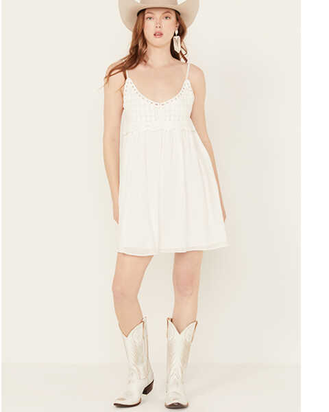 Image #1 - Yura Women's Crochet Accent Sleeveless Mini Dress, White, hi-res